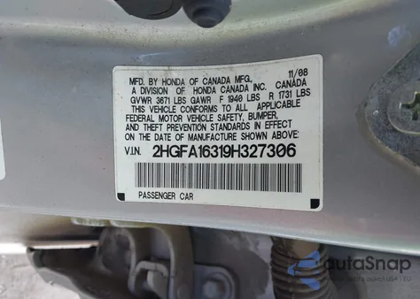 2009 Honda Civic Vp z USA, uszkodzony, nr VIN 2HGFA16319H327306